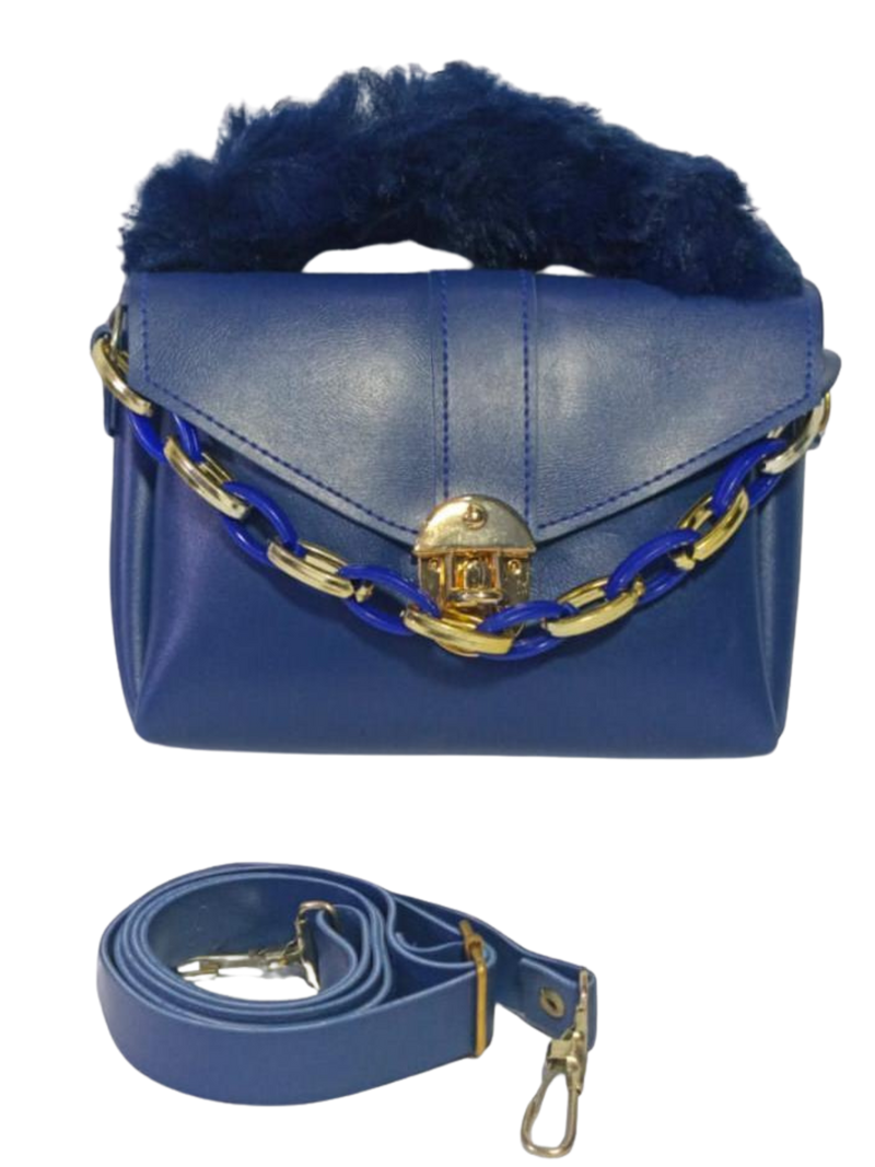 Chunky Chain Purse With Fur For Women And Girls Blue